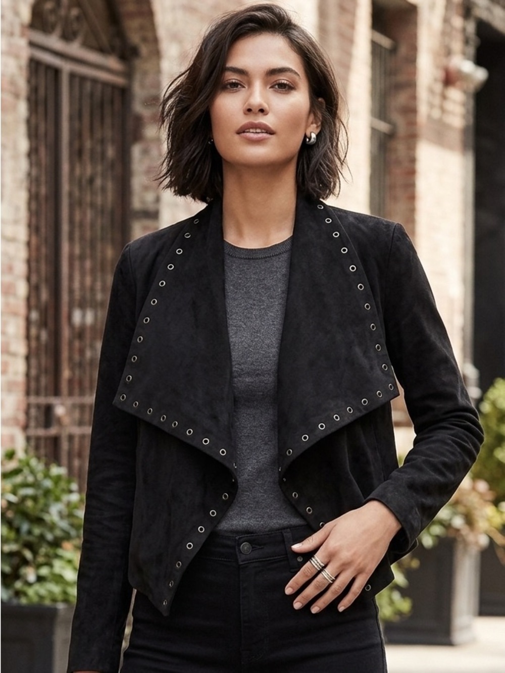 Express Long Sleeved Draped and Studded Eyelet Front Collared Jacket Lined Black